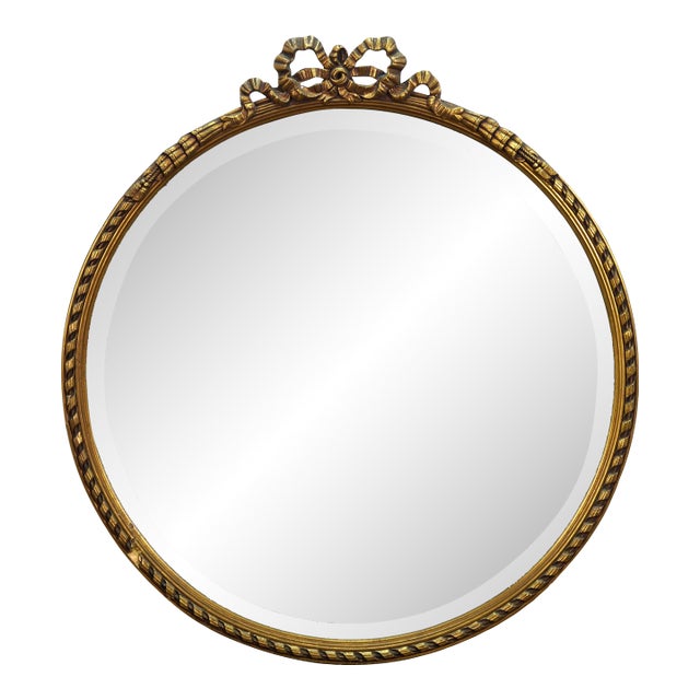 Neoclassical Ribbon Rope & Tassel Round Beveled Gold Bath Vanity Mirror 32" For Sale