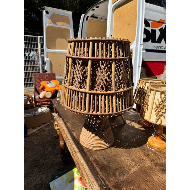 Spanish MCM bamboo and rattan lamp. Newly rewired 15”dia x 21”h 49-233