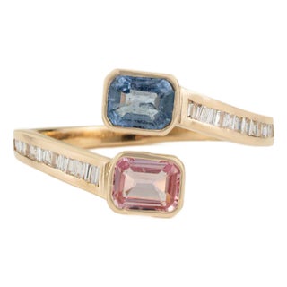 Pink & Blue Toi Et Moi 1 Carat Sapphire Ring in 14k Yellow Gold Size 4 For Sale