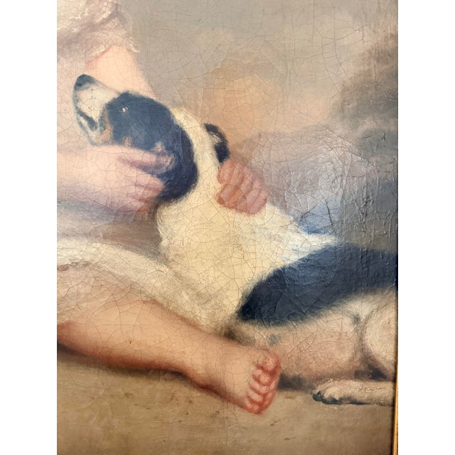 Large Antique Early 19th Century Oil Painting Portrait of Girl With Her Dog in Giltwood Frame For Sale - Image 4 of 6