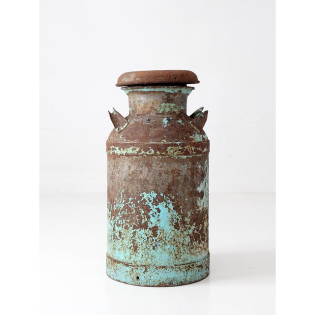 Antique Turquoise Painted Metal Milk Can For Sale - Image 10 of 18