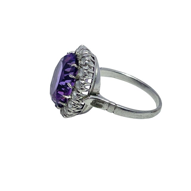 Mid 20th Century 10k White Gold Oval Amethyst and Diamond Halo Ring, Size 6.5 For Sale - Image 9 of 9