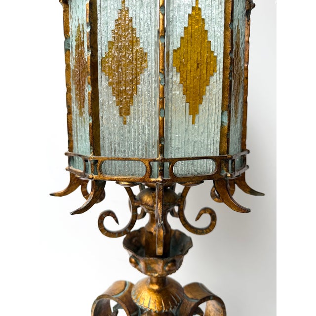 Large Hammered Glass Wrought Iron Lantern Lamp by Longobard, Italy, 1970s For Sale - Image 6 of 13