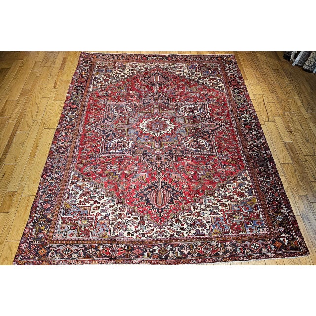 Persian Vintage Persian Heriz Rug, Hand-Knotted Wool, Geometric Medallion Pattern, Red & Navy, 10x13 For Sale - Image 3 of 11