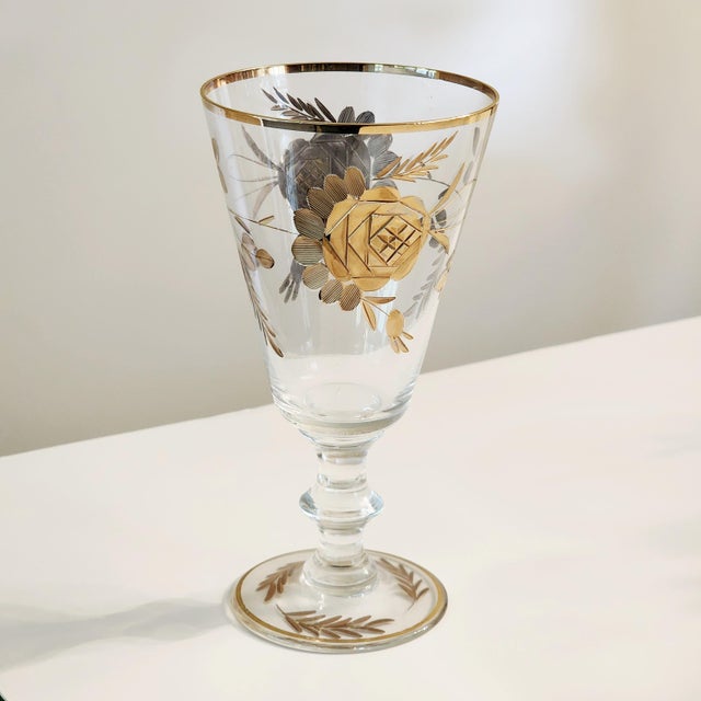 Czechoslovakia 1960s Set of 14 24k Gold Encrusted Crystal Claret Wine Glasses For Sale - Image 4 of 13