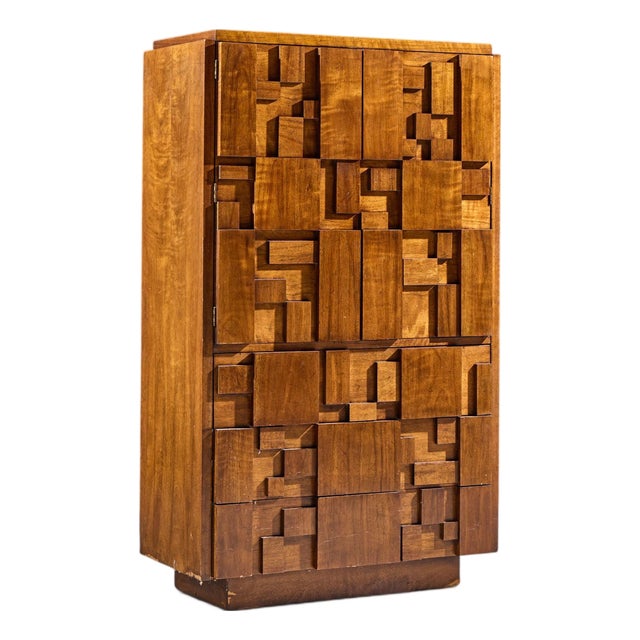 Lane Staccato Brutalist Mid Century Walnut Armoire Dresser For Sale