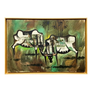 1970s Abstract Expressionist Oil Painting of 2 Steers on Canvas, Newly Framed For Sale