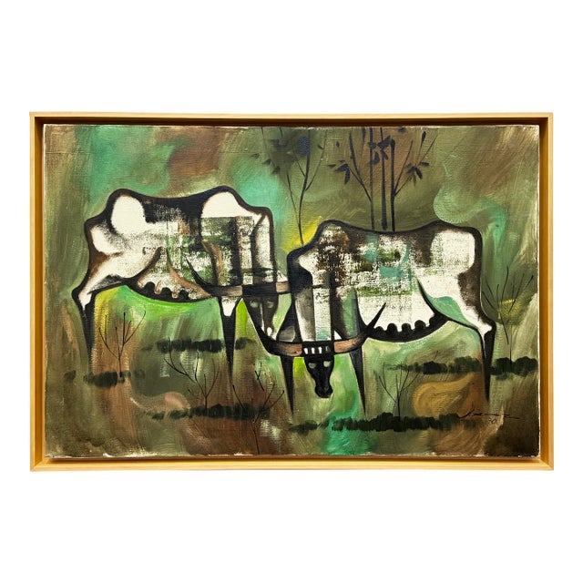 1970s Abstract Expressionist Oil Painting of 2 Steers on Canvas, Newly Framed For Sale