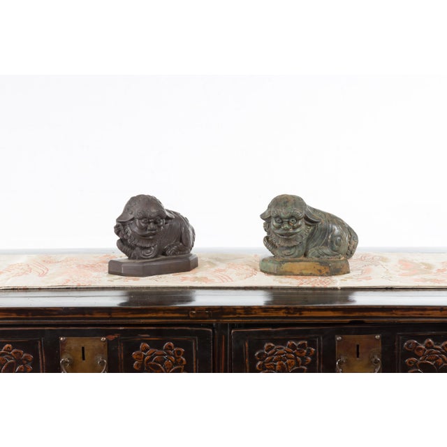 Gray Vintage Lost Wax Cast Bronze Foo Dog Sculptures with Bronze or Verde Patina For Sale - Image 8 of 12