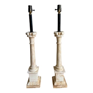 1960s Exceptional Pair of Italian Hand-Carved Alabaster Neoclassical Column Table Lamps – Newly Rewired For Sale