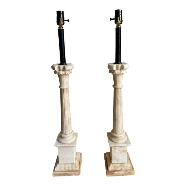 1960s Exceptional Pair of Italian Hand-Carved Alabaster Neoclassical Column Table Lamps – Newly Rewired For Sale