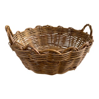 Mid 20th Century Vintage Large French Thick Woven Rattan Carrying Basket For Sale
