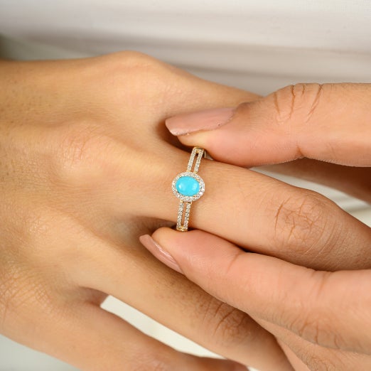 14k Yellow Gold Diamond Turquoise Women's Engagement Ring Size 6 For Sale - Image 4 of 10