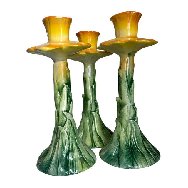 Traditional Vintage Italian Majolica Floral Daffodil Hand Painted Candlesticks Set of 3 For Sale - Image 3 of 5