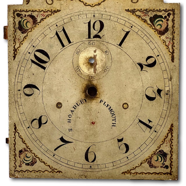 Antique American Hand Painted Wood Grandfather Clock Dial by Connecticut Maker Silas Hoadley - Circa Very Early 1800s For Sale - Image 9 of 18