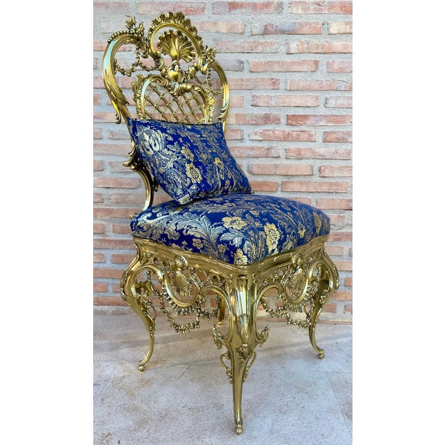 Metal 1930s Italian Rococo Style Giltwood Chair with Rich Blue Damask Upholstery For Sale - Image 7 of 18