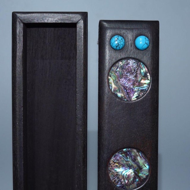 Vintage Rosewood Sliding Box With Abalone Shell & Turquoise Inlay - Long Jewelry or Incense Box For Sale In Los Angeles - Image 6 of 9
