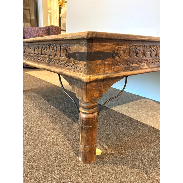 Late 19th Century Antique Indian Wood & Iron Carved Door Cocktail Table. For Sale - Image 5 of 8
