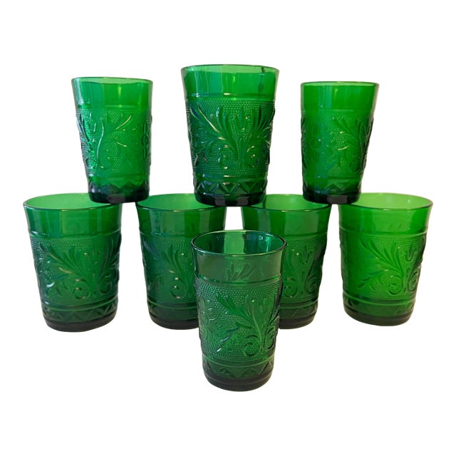 1950s Mid Century Sandwich Forest Green Anchor Hocking Glassware -Set of 8 For Sale