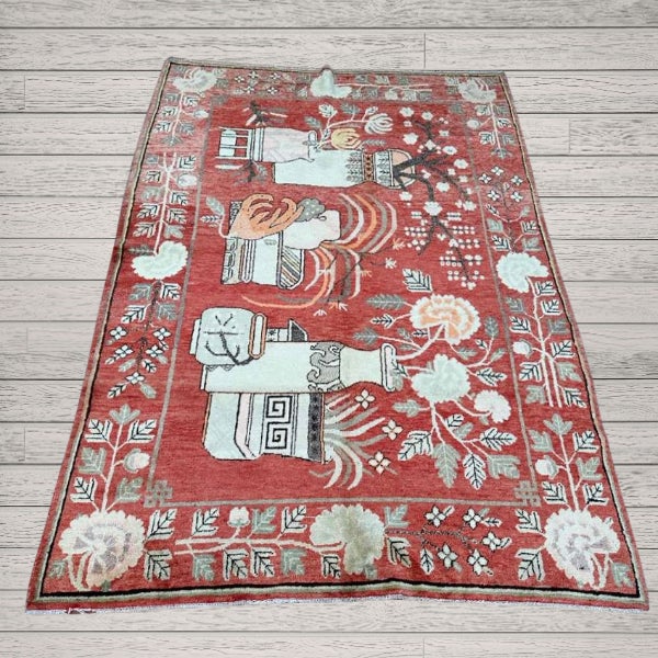 Chinese Antique Khotan Rug 5’5” X 8’5” | Stylized Vase Design For Sale - Image 3 of 6