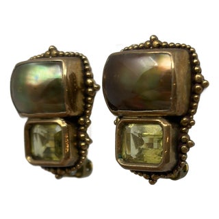1990s Stephen Dweck Bronze Earrings With Shell and Quartz, Pair For Sale