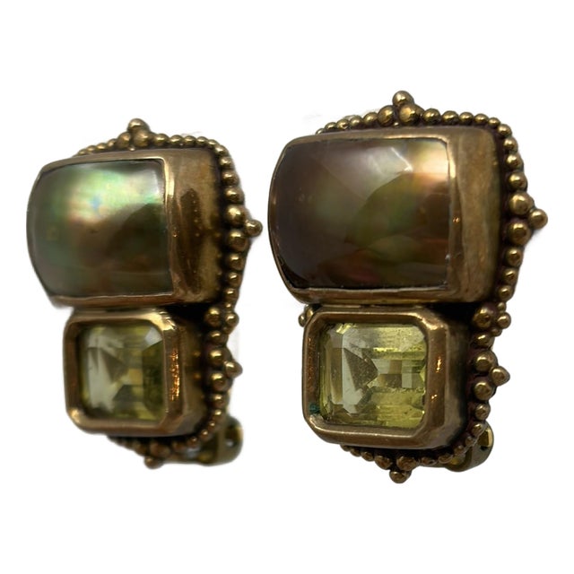 1990s Stephen Dweck Bronze Earrings With Shell and Quartz, Pair For Sale