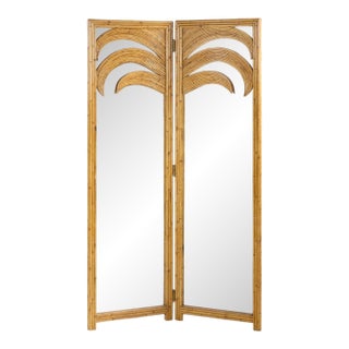 Vivai Del Sud Mid Century Italian Bamboo Rattan Palm Tree Folding Screen Mirror For Sale