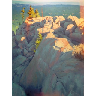Narrow Range by Judd Mercer | Oil on panel Rocky landscape with trees and distant hills. For Sale