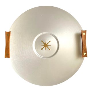 Mid Century Modern Mirro Medallion Serving Tray Aluminum Atomic Starburst Teak Wood Handles For Sale