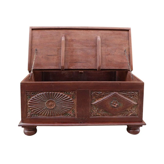 Dimensions: 41" W x 41" D x 18" H This Trunk Storage Coffee Table piece utilizes old architectural elements, re-claimed...
