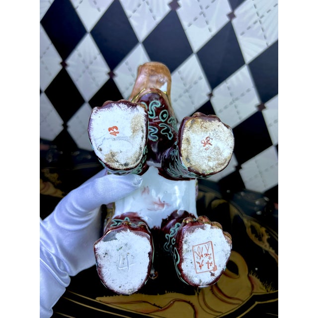 1980's Pair Decorative Ceramic Elephant Figurines in Burgundy, Pink & Gold Chinoiserie, Export Marks For Sale In Boston - Image 6 of 16