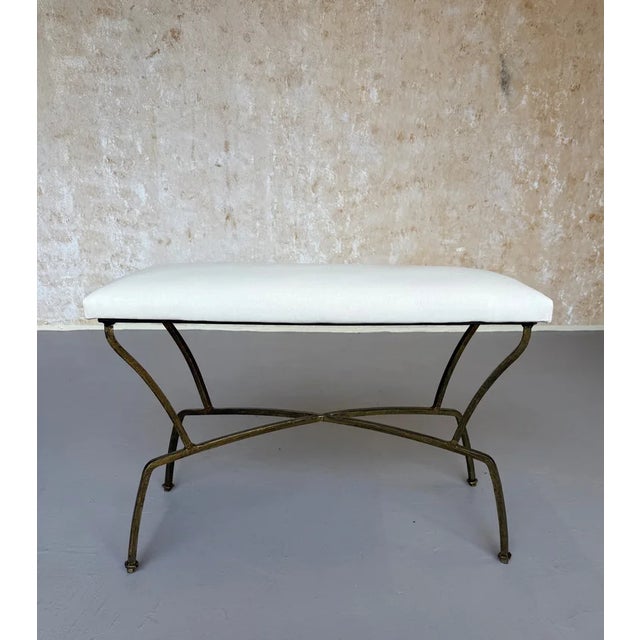 Mid-Century Modern Pair of Spanish Mid-Century Modern Style Gilt Iron Benches With X-Stretchers For Sale - Image 3 of 18