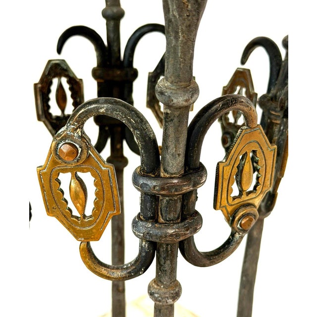 Early 20th Century Antique Wrought Iron Brass Greyhound Gueridon Table Inlaid Marble Top 22" For Sale - Image 5 of 14