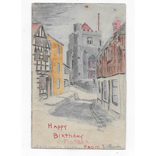 1943 watercolor on paper by Devon, England artist William E. Wood of Saint Clements Church. Inscribed with birthday...