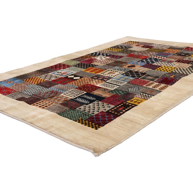 61495 Vintage Persian Gabbeh Rug, 04'06 x 07'00. The Artisan’s Mosaic: A Vintage Persian Gabbeh Masterpiece of Tribal...