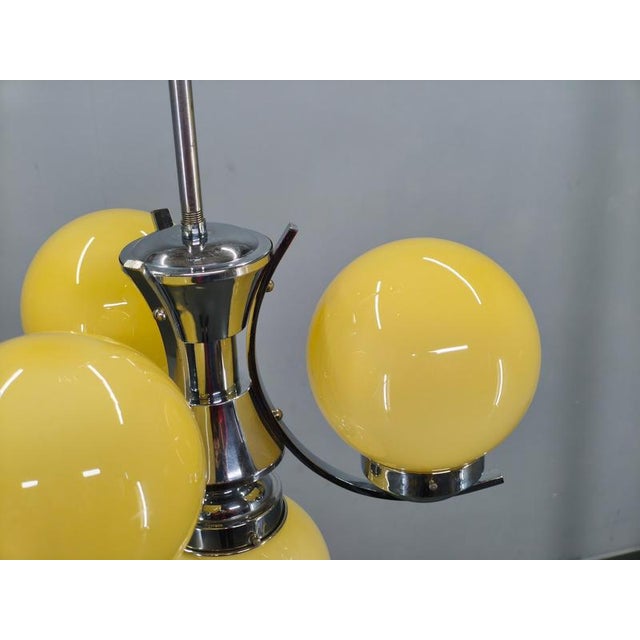 Art Deco Chrome and Opaline Glass Chandelier, Czechoslovakia, 1930s For Sale - Image 10 of 14