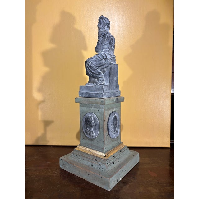 Italian Grand Tour Style Statue of Moses Figure After Michelangelo on the Classical Pedestal With Intaglios For Sale - Image 10 of 10