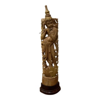 Vintage Carved Wood Rare Lord Krishna Statue For Sale