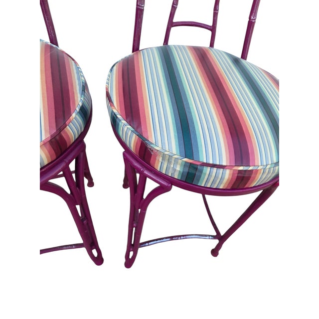Magenta 2 Vintage Chinese Chippendale Regency Side Chair Counter Stools Aluminum Bamboo For Sale - Image 8 of 16
