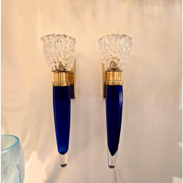 Seguso 1970s Mid Century Modern Blue Murano Glass Italian Sconces - A Pair For Sale - Image 4 of 12