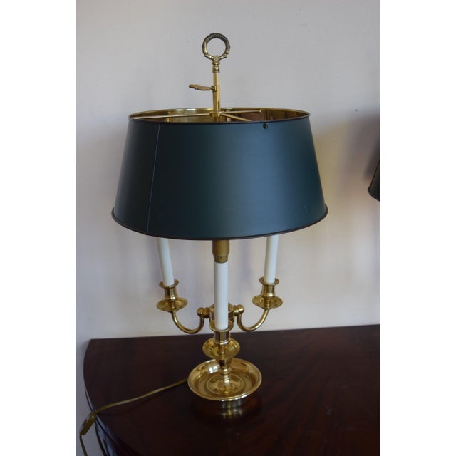 Empire Brass Bouillotte Lamps with Green Tole Shades, 1960s, Set of 2 For Sale - Image 6 of 11