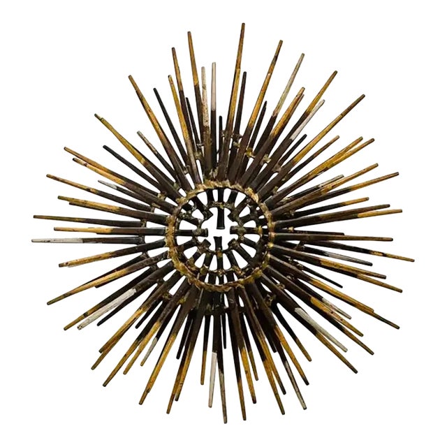 Mid 20th Century Diminutive Gilt Iron Two-Tier Sunburst Wall Sculpture by William Bowie For Sale