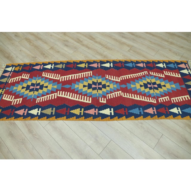 1970s Tribal Blue Ikat Kilim Runner Rug For Sale In Sacramento - Image 6 of 10