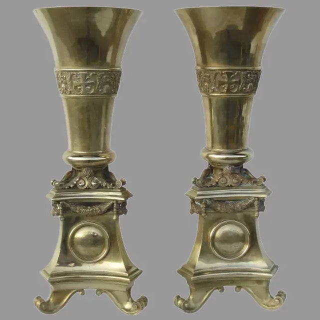 Monumental Brass Interchangeable Top Vases / Pricketsticks - A Pair For Sale - Image 13 of 13