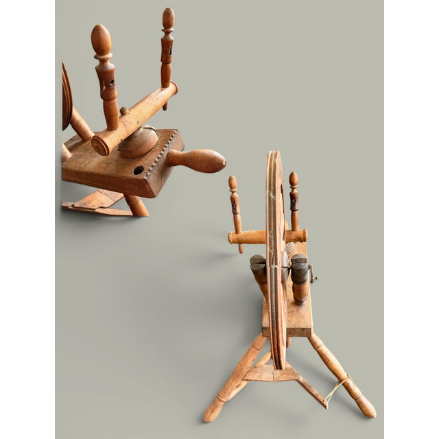 Wood Antique Petite Spinning Wheel-Primitive Farmhouse-Textile-Display-Rustic-Country For Sale - Image 7 of 11