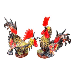 Pair of 1940s Italian Glazed Ceramic Roosters For Sale