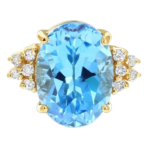 11 Carat Blue Topaz Diamond Cocktail Ring, Size 7 For Sale