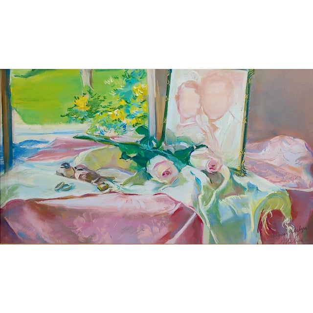Figurative Gerald David Rahm -Still Life of Pink Roses & Photo by the Window - Painting For Sale - Image 3 of 9