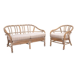 Pair of McGuire Organic Modern Cerused Twisted Rattan Settee and Lounge Chair For Sale