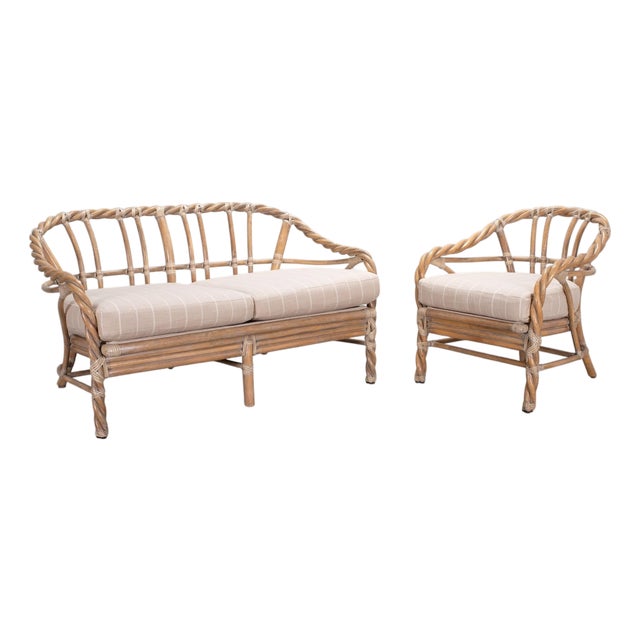Pair of McGuire Organic Modern Cerused Twisted Rattan Settee and Lounge Chair For Sale